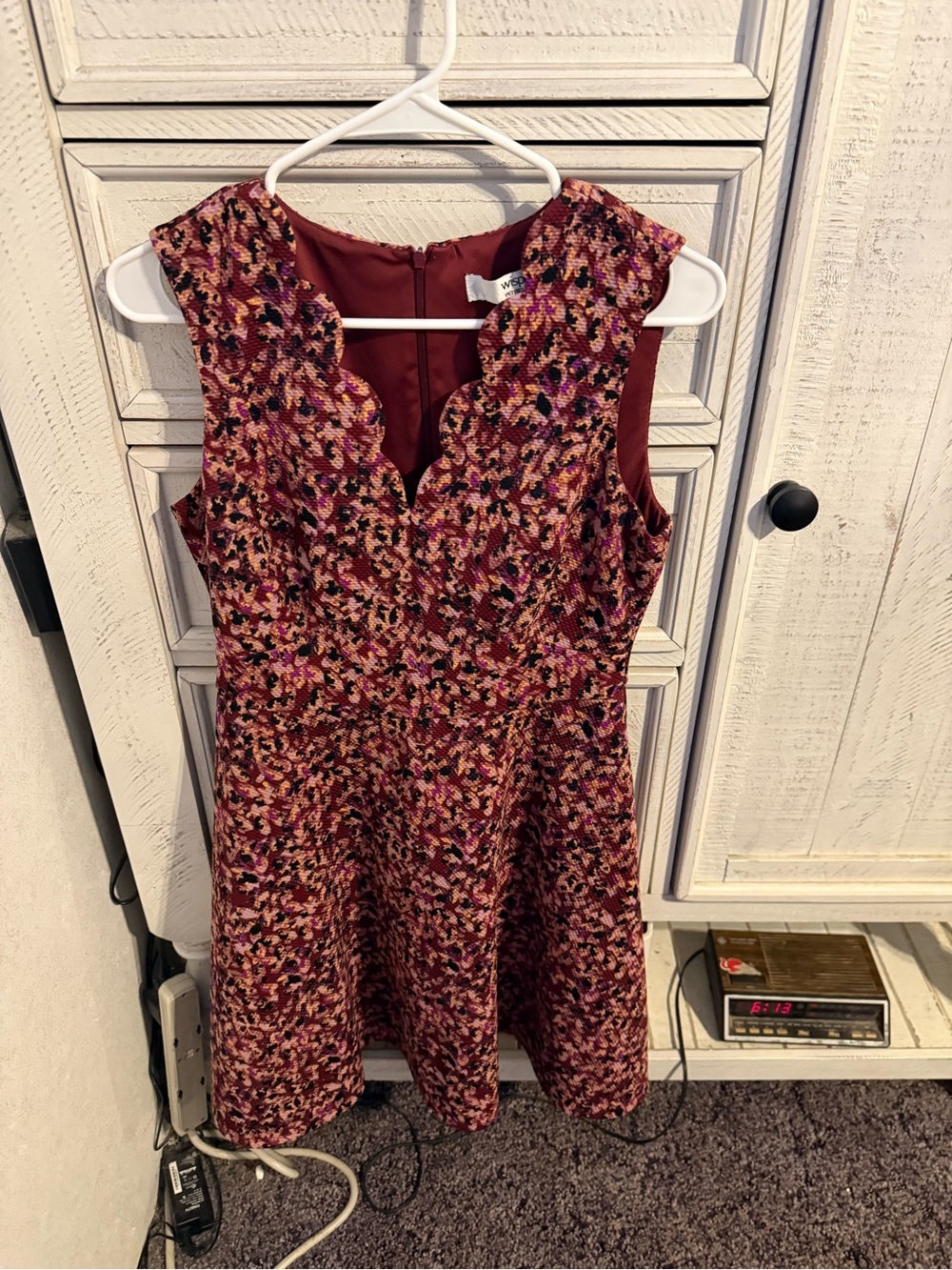 Scalloped V-Neck Midi Dress in Burgundy Floral